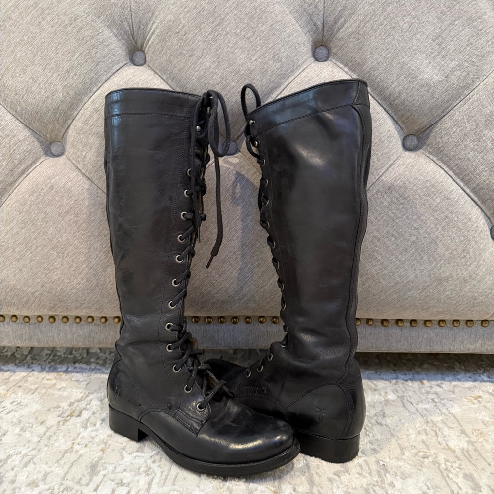 Frye Melissa size 6.5 NEVER WORN Black Leather Tall Lace-Up Boots - Picture 3 of 9